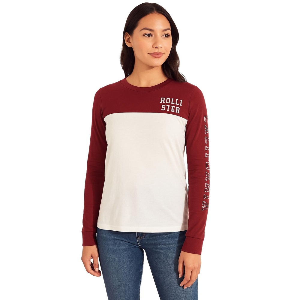 HOLLISTER Burgundy White‎ Long Sleeve Logo Womens Small
